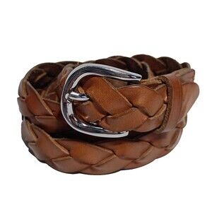 Ann Taylor 48" Women's Braided Leather Belt Brown Silver Buckle
